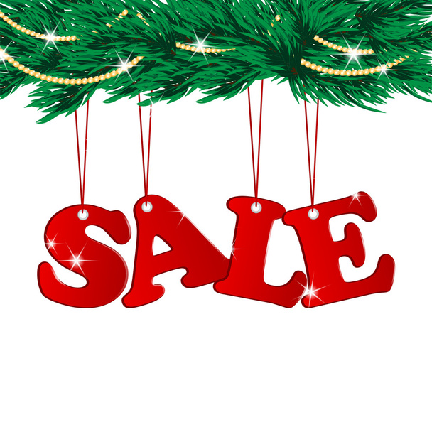 Christmas Sale Tags and Christmas tree with decorations - Vector, Image