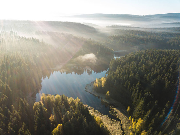 Aerial shot of a lake at sunrise in Saxony - Photo, Image