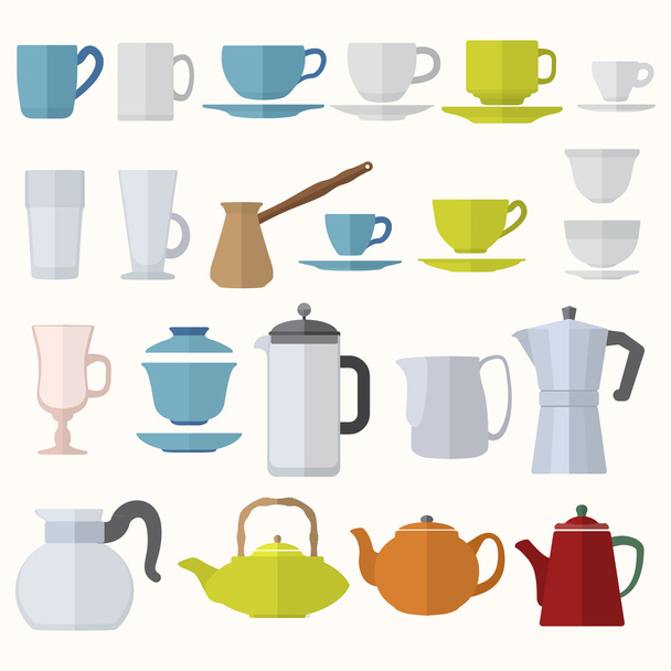 Flat style dinnerware cups mugs and pots set - Vetor, Imagem