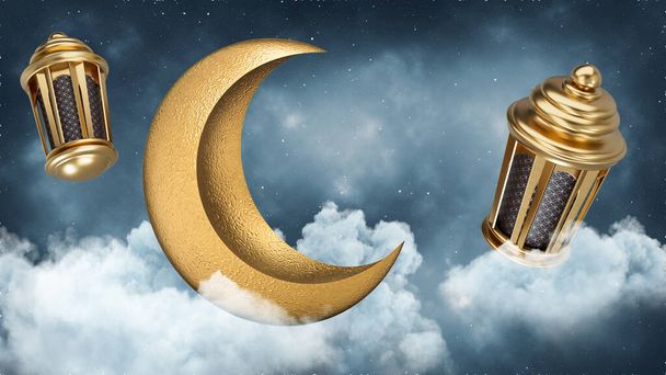 A 3D rendering of Eid Mubarak cards with moon and lanterns for Muslim festival Ramadan Kareem - Zdjęcie, obraz