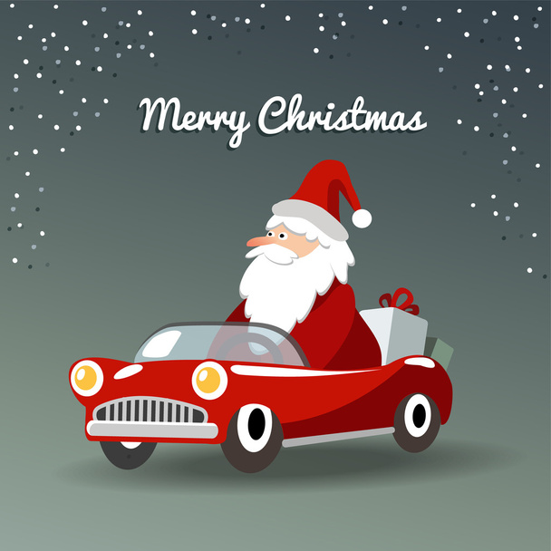 Christmas greeting card with Santa Claus, retro sports car - Vector, imagen