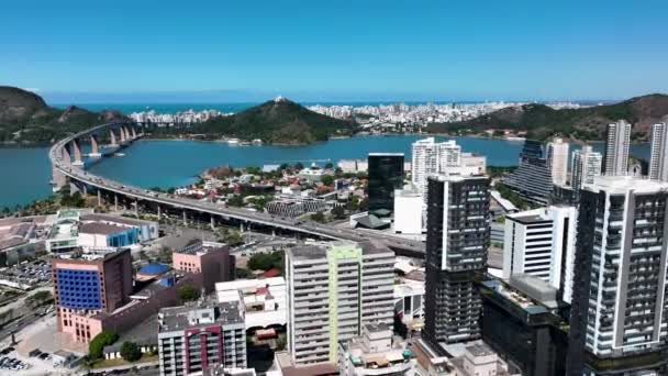 Aerial cityscape of downtown Vitoria state of Espirito Santo Brazil. Bulldings and avenues landmark of city of Vitoria Espirito Santo. Brazilian coast town capital city. Downtown district. - Footage, Video