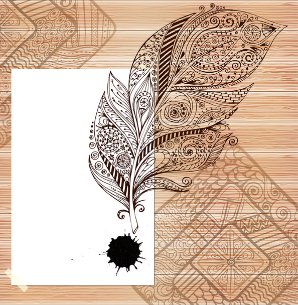 Stylish presentation of business poster, flyer, cover, invitation, design layout template. Folder design content wood background. Decorative ornamental abstract doodle feather, paint stain in vector. - Вектор,изображение