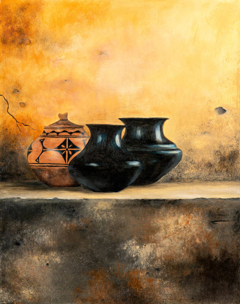 Peinture à l'huile de nature morte avec des pots d'argile de style indien américain. - Photo, image