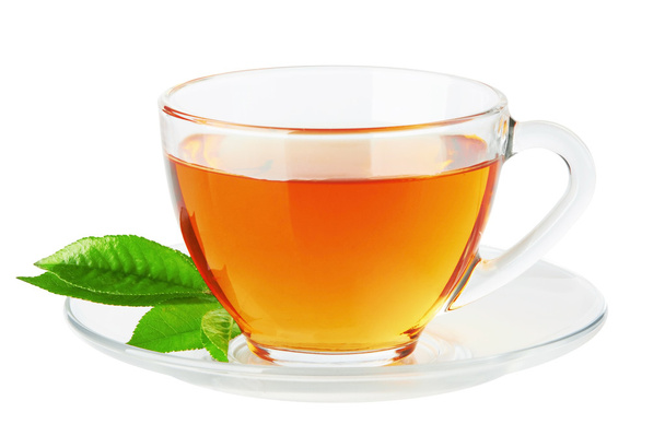 Cup with tea and green leaf - Zdjęcie, obraz
