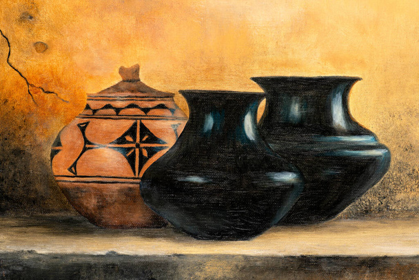 Primo piano della pittura ad olio di nature morte con vasi di argilla in stile indiano americano. - Foto, immagini