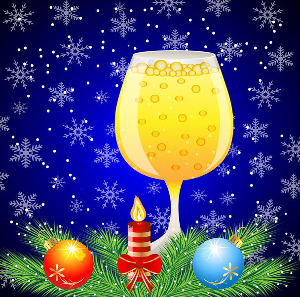 glass of champagne, branch of christmas tree, candle and toys - Vector, afbeelding