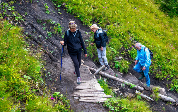 Personnes âgées le long d'un sentier de montagne en saison estivale - Photo, image