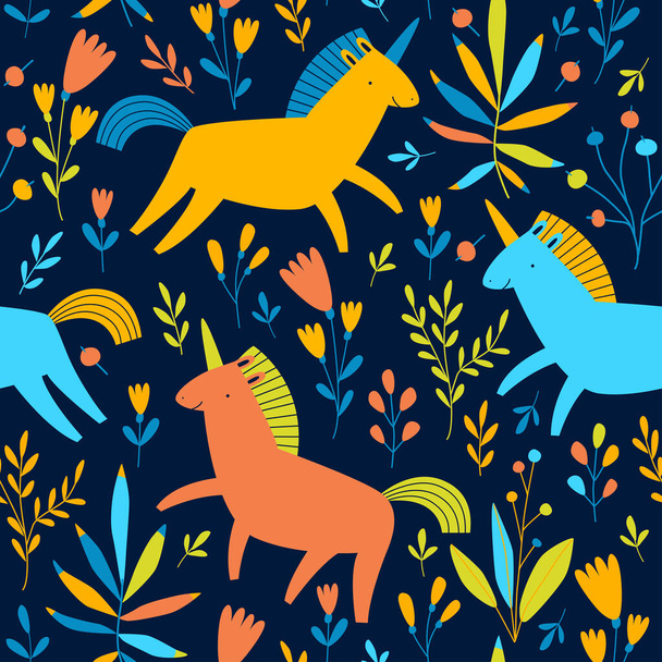 Print.Vector seamless background with cartoon unicorns. Unicorns in the garden. Floral pattern. Pattern for children. Fabric, paper, wallpaper for children. - Wektor, obraz