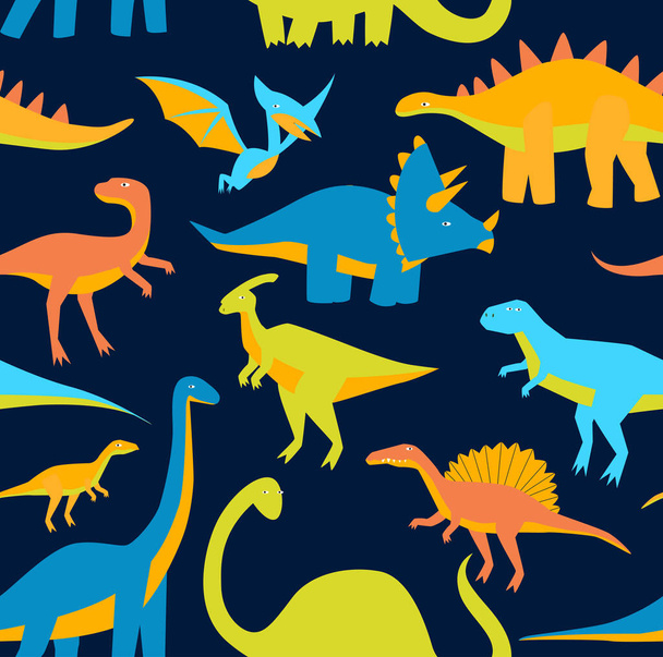 Print. Bright seamless black background with dinosaurs. Cartoon dinosaurs. Pattern with cartoon dinosaurs. Children's fabric. Wallpaper for boys. - Vector, Image