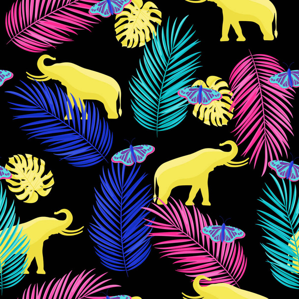 Тропический бесшовный рисунок со слонами, бабочками, пальмовыми листьями и монстрами. Разноцветные джунгли на черном фоне. - Вектор,изображение