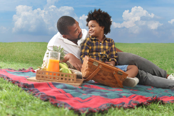 Heureux souriant père afro-américain et son fils sortir pour pique-niquer en plein air dans le parc en vacances, garçon aux cheveux bouclés passer du temps avec papa qui se trouve sur l'herbe verte, joyeuse famille jouant dehors dans la nature - Photo, image
