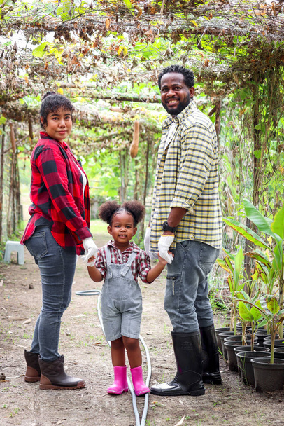 Glückliche Familie im Gemüsegarten auf dem Land, asiatische Mutter, Afroamerikanerin und Tochter arbeiten gemeinsam auf ihrer Farm, sie halten lockige Kinderhände und lächeln in die Kamera. - Foto, Bild