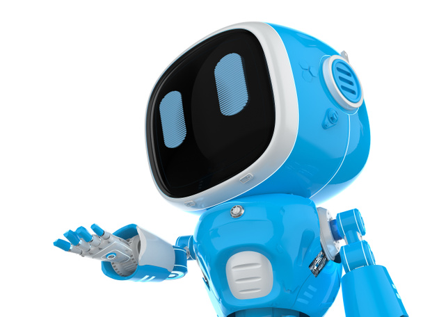3d renderização bonito e pequeno robô assistente de inteligência artificial com personagem de desenho animado mão vazia aberta - Foto, Imagem
