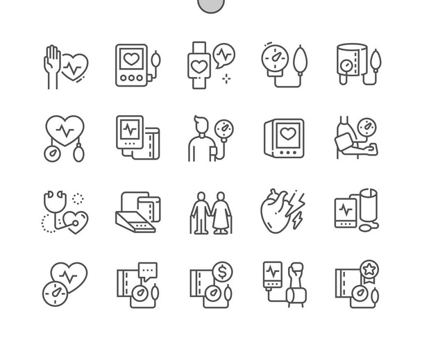 Tonometer. Blood pressure measurement. Elderly people. Heart attack. Health care, medical and medicine. Pixel Perfect Vector Thin Line Icons. Simple Minimal Pictogram - ベクター画像