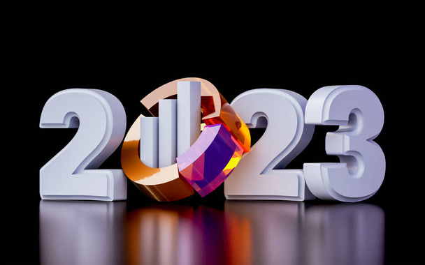 2023 Маркетинговий тренд Новий рік з фінансовою лінією графіку пиріг скляний реалістичний ефект концепція 3d рендерингу
 - Фото, зображення