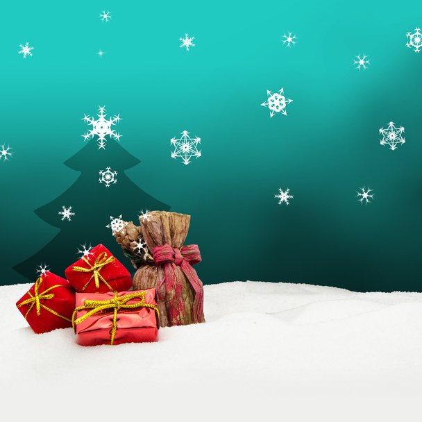 Рождественский фон - елка - подарки - бирюза - снег
 - Фото, изображение