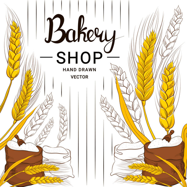 Tarweoogst en bloem in handgetekende stijl voor bakkerij winkel ontwerp op witte achtergrond, graanproducten, food banner - Vector, afbeelding