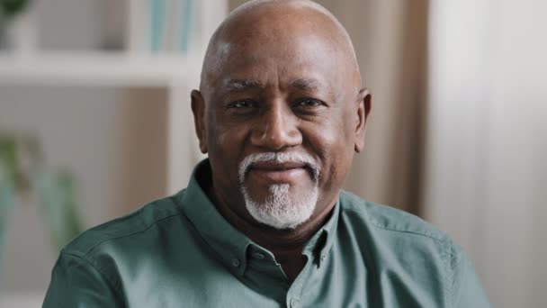Mężczyzna headshot w domu spokojny starszy starszy Afroamerykanin 60s mężczyzna przyjazny twarz siedzieć w domu patrząc w kamerze. Emerytowany, dwurasowy biznesmen pozujący w biurze. łysy dziadek patrzeć z bliska portret - Materiał filmowy, wideo