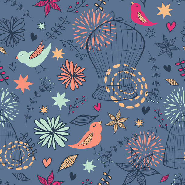 Modèle floral mignon vectoriel sans couture avec des oiseaux, des cages, des fleurs
,  - Vecteur, image