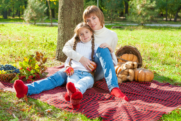 Happy mother with little daughter in autumn park - Fotó, kép