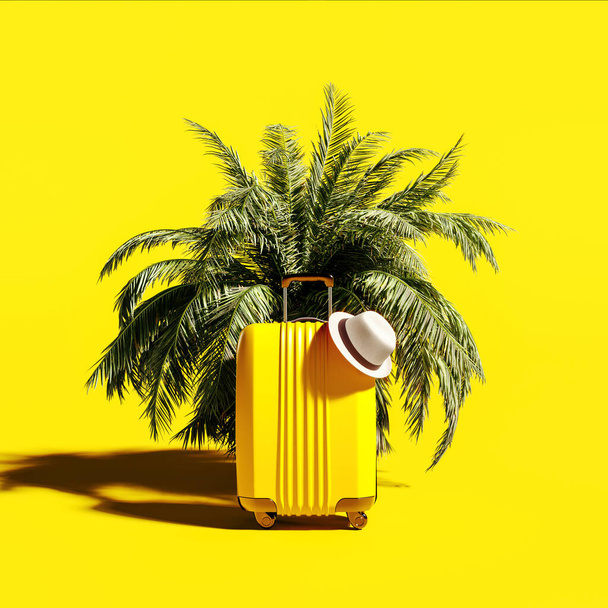 Yellow luggage with summer hat and palm tree on vibrant yellow background 3D Rendering, 3D Illustration - Φωτογραφία, εικόνα