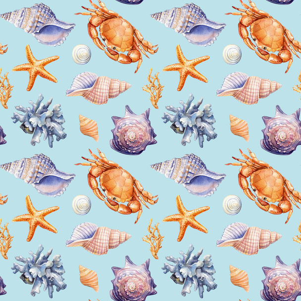 Watercolor Seamless pattern with starfish, crab, shells. Blue background. High quality illustration - Photo, Image