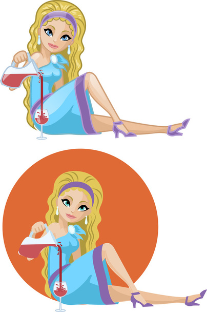 Cute young Caucasian woman in cocktail dress filling wine glass - Vector, Image