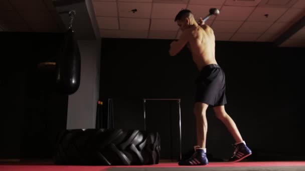 Allenamento fitness - in forma uomo senza maglietta colpire il pneumatico con un martello. Mid shot - Filmati, video