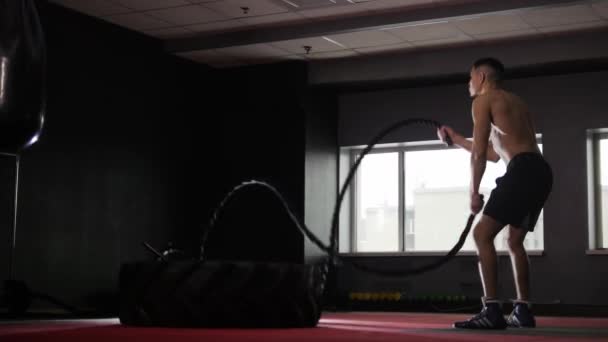 Allenamento fitness - uomo in forma senza maglietta che fa esercizio di crossfit con le corde. Mid shot - Filmati, video