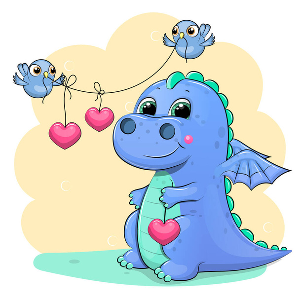 Милый мультяшный голубой дракон с птицами и сердцами. Векторная иллюстрация животного на жёлтом фоне. - Вектор,изображение