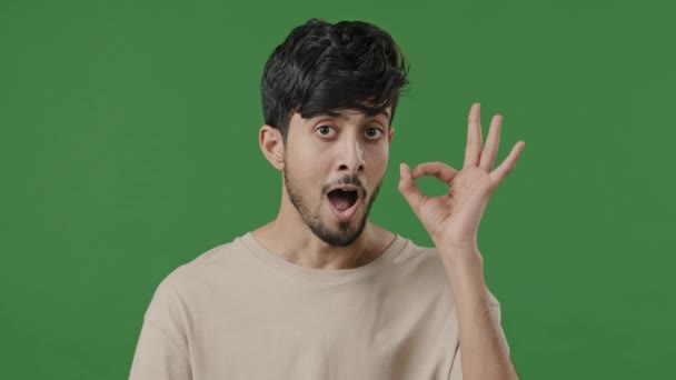 Mies muotokuva komea nuori arabi intialainen mies kaveri opiskelija freelancer hymyilevä osoittaa käsi OK allekirjoittaa kaiken hienon menestyksen ele kehon kieli hyväksyntä symboli seisoo sisätiloissa yli vihreä tausta - Materiaali, video