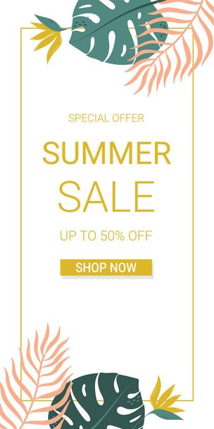 Summer sale flyer template with tropical leaves and flowers. Vector illustration - Vector, Image