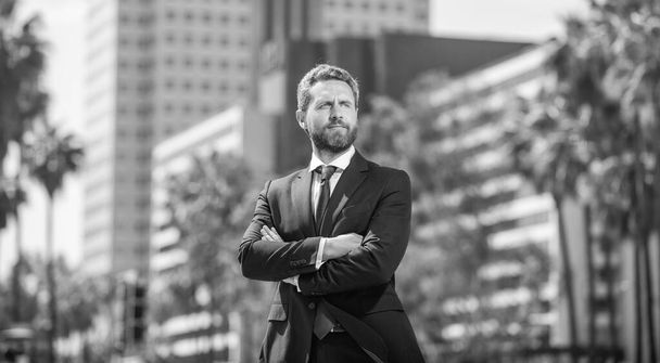 manager executive outside the office. male formal fashion. confident bearded boss. serious mature businessman in formalwear. business success. successful man in businesslike suit. - Photo, Image