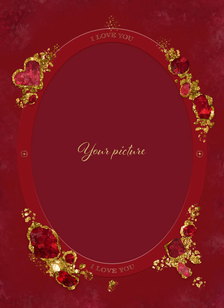 Card template frame with jewels in red. For postcards, invitations, advertising, social media, your photo. Just put your picture in the middle of the illustration. - Photo, Image