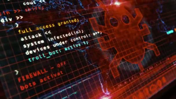 Cyberaanval bericht op het computerscherm. Cyberaanval, security breach en russische hacker abstract concept 3d animatie met glitch effect. - Video