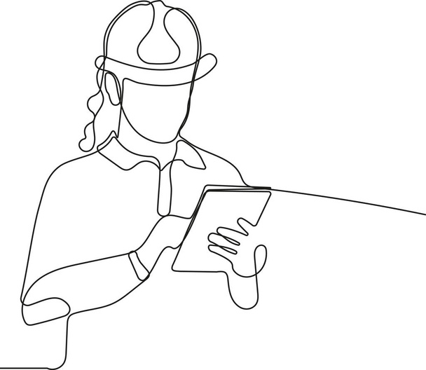 lähikuva nuoresta valkoihoisesta työntekijästä, jolla on kypärä päässä ja joka käyttää tablettia työhön seistessään varastossa. Vektoriesimerkki - Vektori, kuva