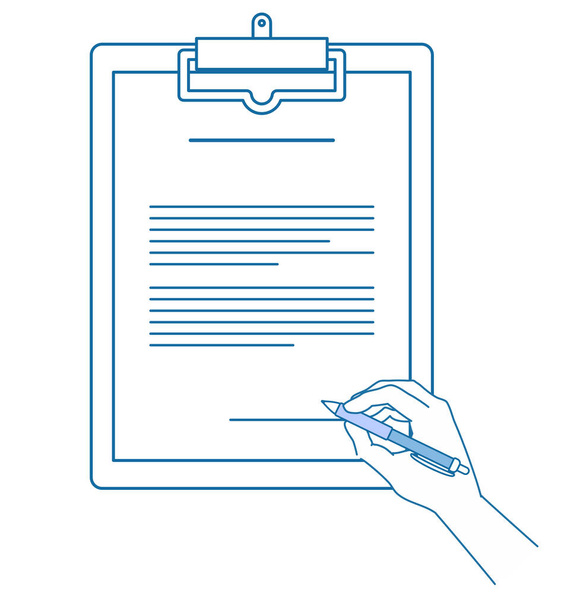 Ilustração de uma mão com uma prancheta de caneta Desenho de linha, documento, vertical. - Vetor, Imagem