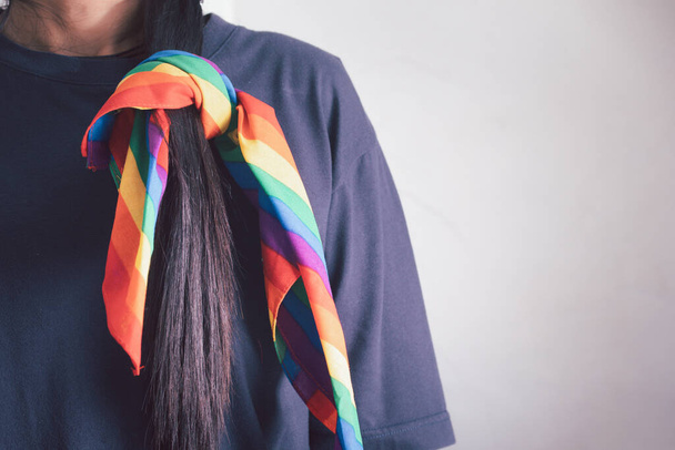 Rainbow hair tie.Support concept lgbtq .Copy space - Foto, afbeelding