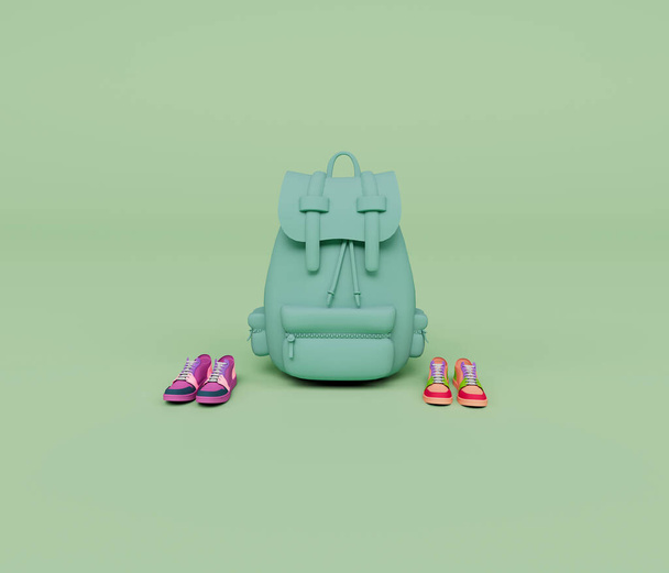 3D-Rendering von Rucksack und zwei Paar bunte Schuhe isoliert auf Pastell-Hintergrund, 3D-Hintergrund minimale Szene - Foto, Bild