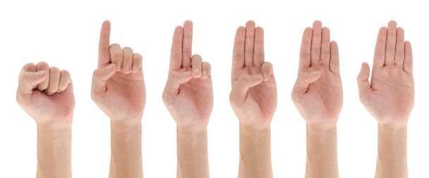 Hand- und Finger-Geste isoliert auf weißem Hintergrund, Zählnummerngeste, Clipping path Inklusive. - Foto, Bild