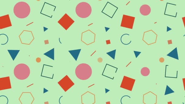 Цветные геометрические фигуры узор, графический дизайн бесшовный узор с различными геометрическими формами, Мемфис стиль геометрический круглый и треугольник  - Кадры, видео