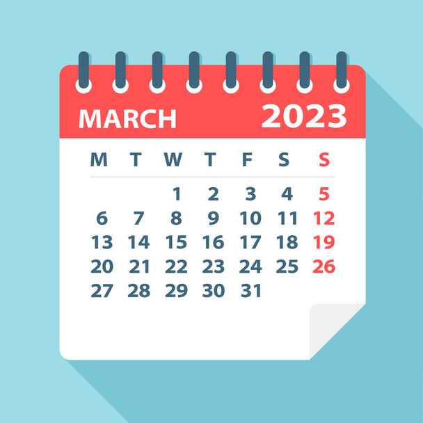 Marzo 2023 Calendario Foglia - Illustrazione vettoriale - Vettoriali, immagini