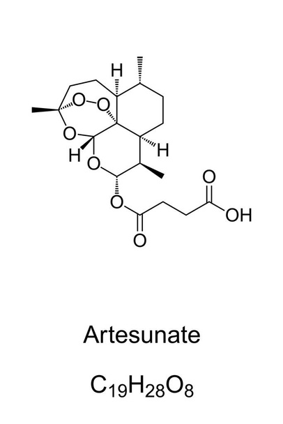 Artesunate, AS, chemický vzorec a struktura. Léky na léčbu malárie. Vyvinut z výtažku ze sladkého pelyněk, Artemisia annua, bylina qinghao, používané v tradiční čínské medicíny. - Vektor, obrázek
