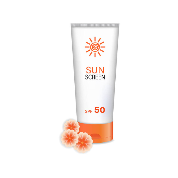 Un tube de crème solaire et une belle fleur isolée sur un fond blanc. Lotion avec FPS pour protéger la peau. - Vecteur, image