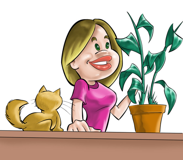 dívka, kočka a rostlin - Fotografie, Obrázek