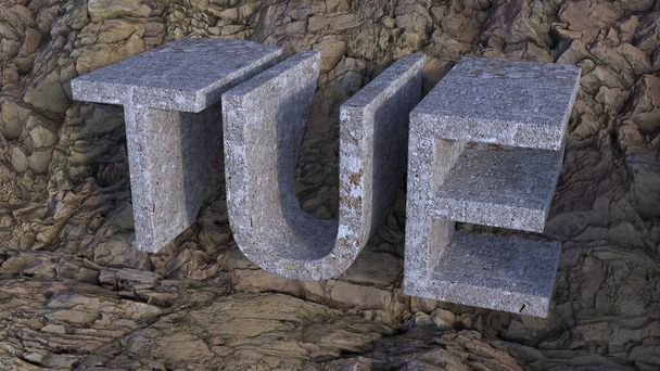 A 3D rendering of TUE concrete letters on rock background - Foto, Bild