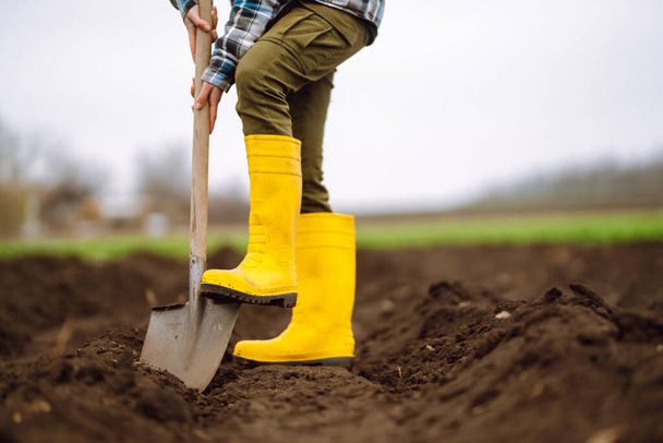 La trabajadora cava tierra con pala en el huerto. Agricultura y concepto de trabajo duro - Foto, Imagen
