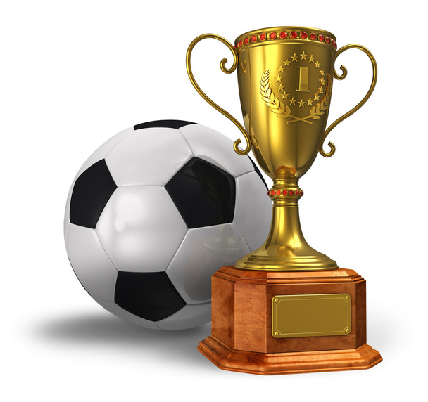 Golden trophy cup and soccer ball - Fotó, kép