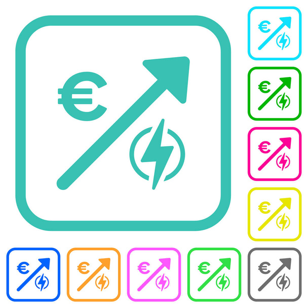 Зростання цін на електроенергію євро яскраво-кольорові плоскі ікони на вигнутих кордонах на білому тлі. - Вектор, зображення